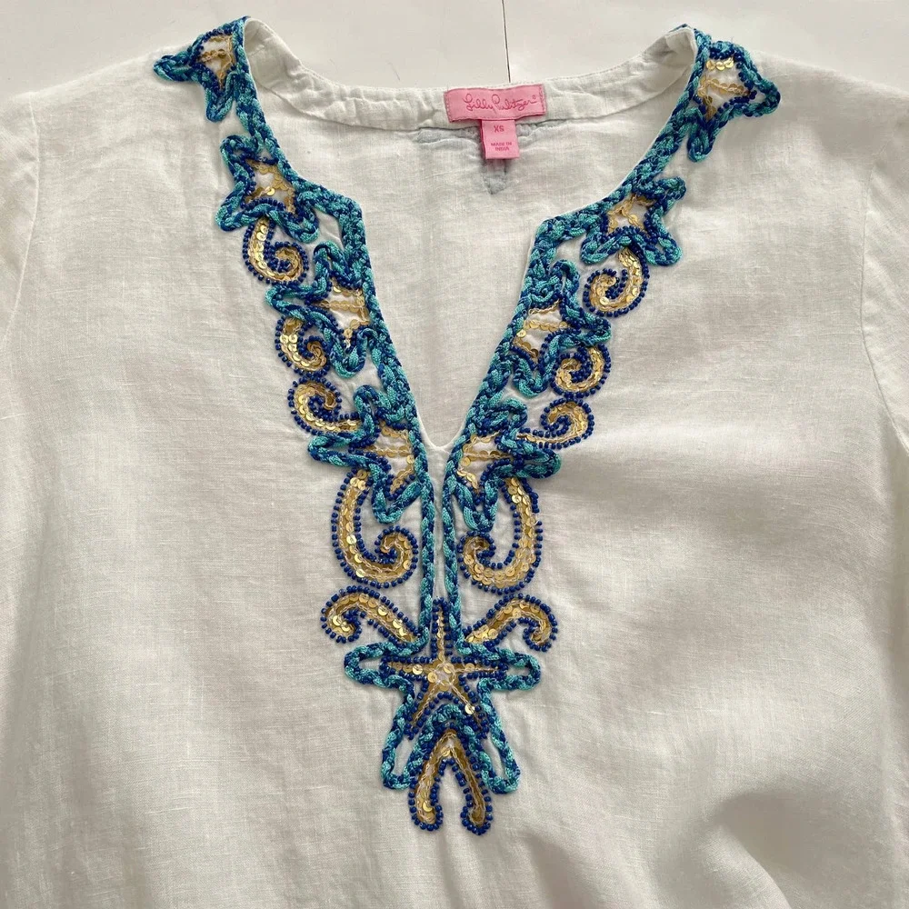 Lilly Pulitzer Amelia Island Linen Embroidered Tunic Top Women Size XS - Picture 10 of 16